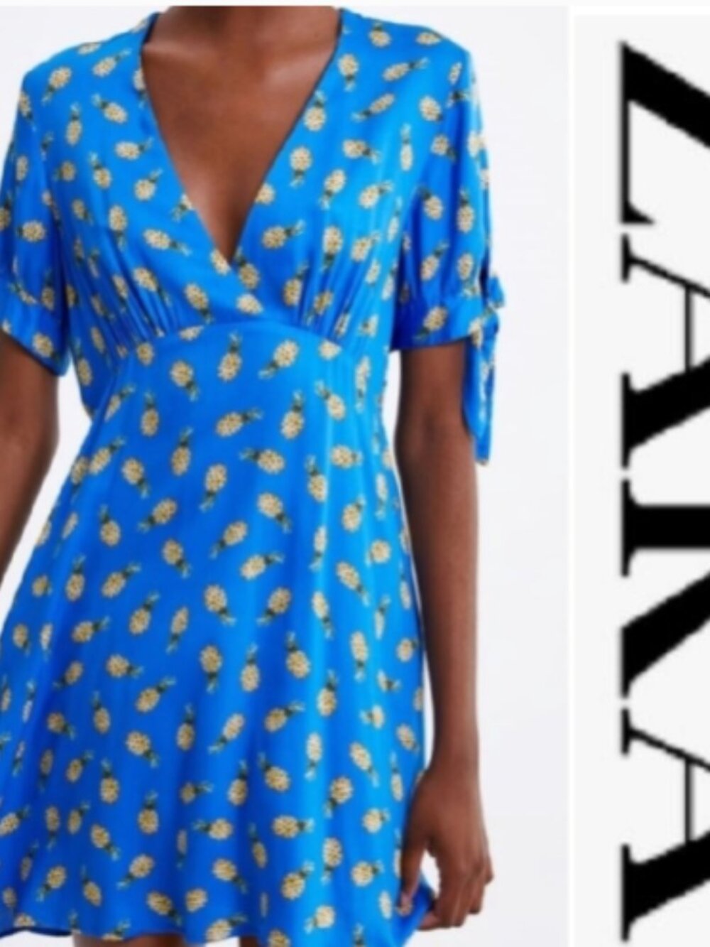 Like New! Zara Blue Pineapple Print V-Neck Mini Dress - Size S